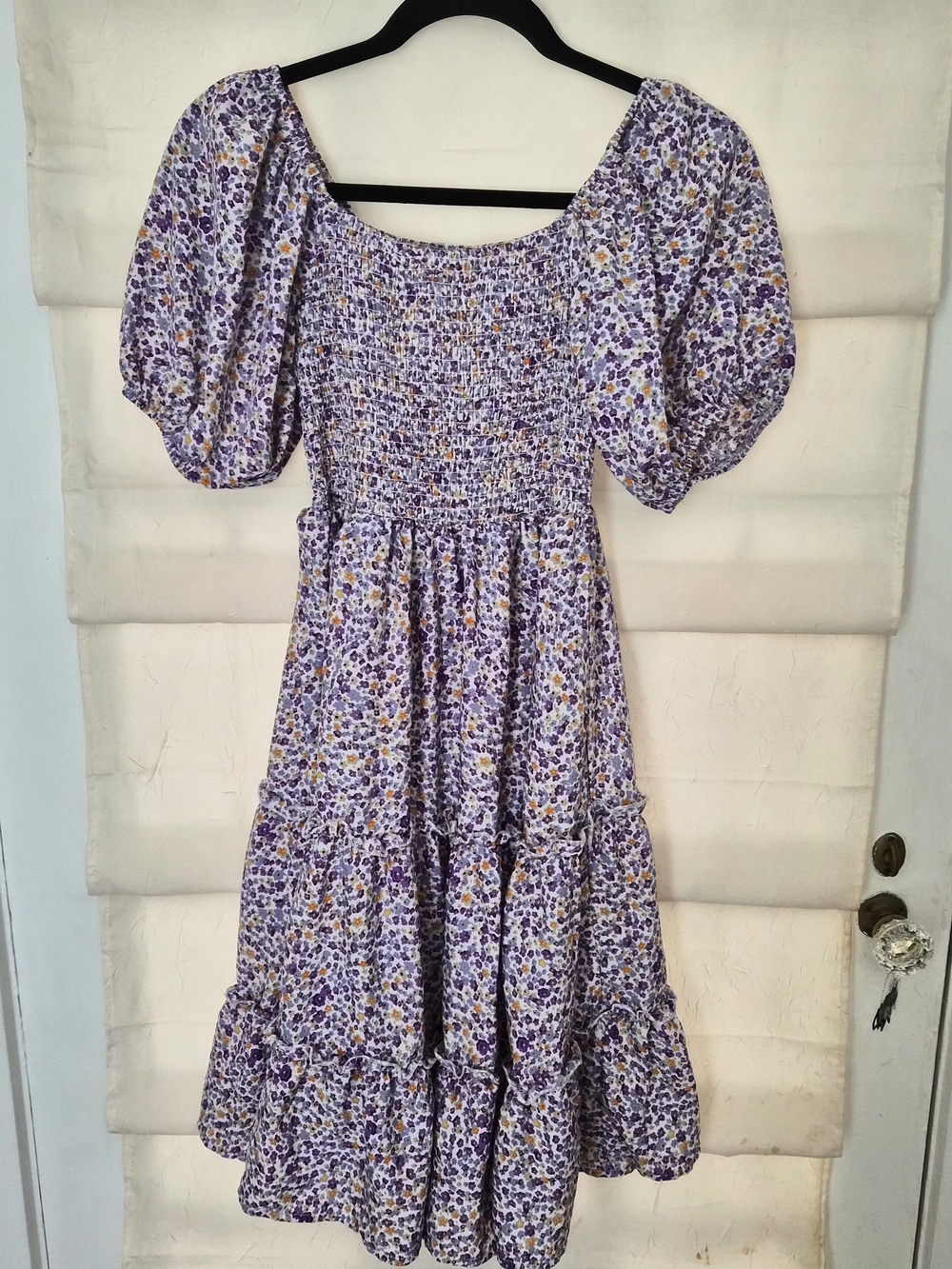 Smocked Puff Sleeve Floral Midi Dress in Lavender